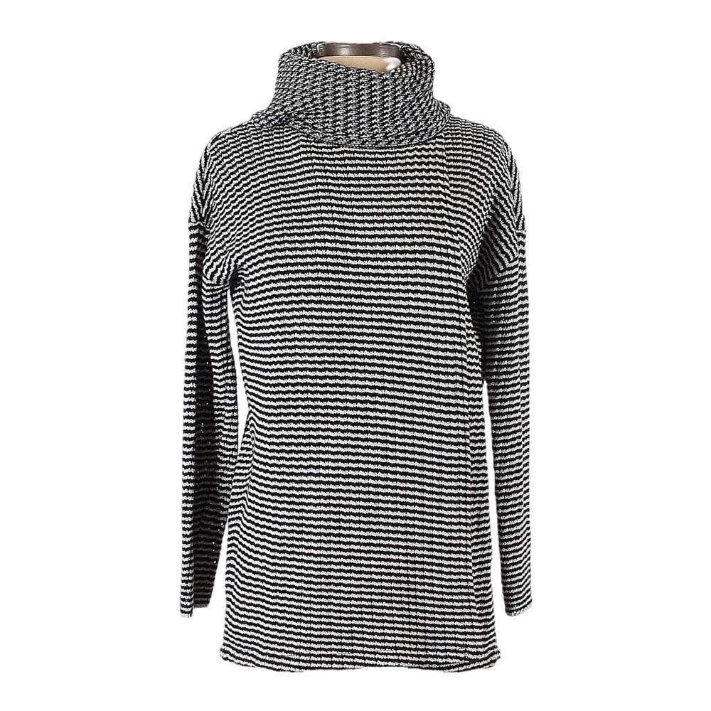 CAbi Black White Striped Draped Turtleneck Sweater XS 100% Cotton Oversized Knit